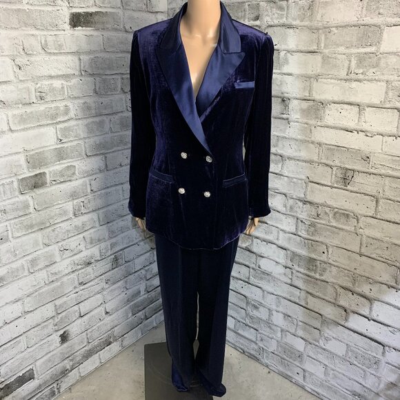 Vintage 90s Tuxedo 2 Pc Suit Set Navy Velvet Blazer Jacket Satin High Rise Pants - Picture 1 of 16